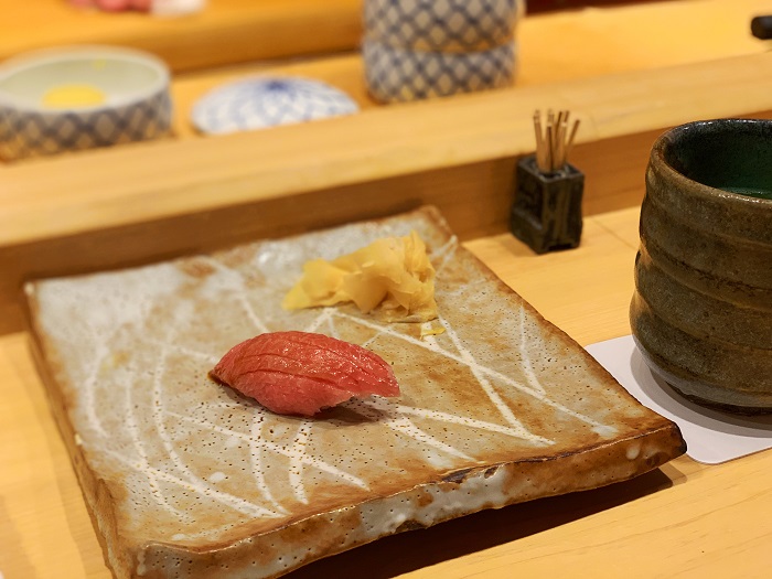 Chutoro Sushi (medium fatty tuna sushi) on a plate